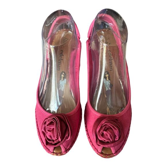 Libby Edelman Curtsy Pink Denim Rosette Wedge peep toe Espadrille size 8.5 - Picture 2 of 16